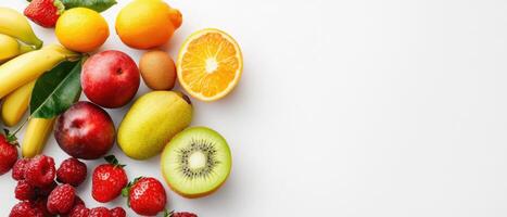 Fresh fruits arranged on white background, including bananas, apples, and citrus. vibrant display of colors and textures photo