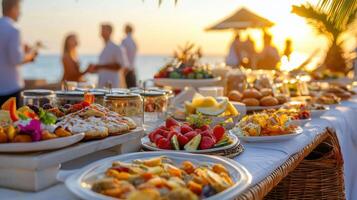 A buffet table with food and drinks on it photo