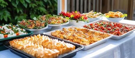 Delicious summer meals displayed on table, featuring salads, pastries, and vibrant dishes photo