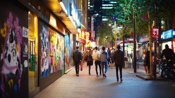 Charming city nightlife featuring street performers and vibrant murals, creating lively atmosphere photo