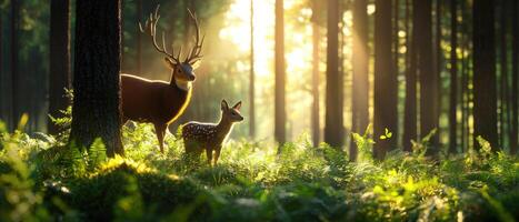 serene forest scene showcasing deer and fawn amidst lush greenery, highlighting wildlife harmony photo