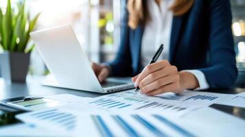 Businesswoman analyzing financial data with charts and laptop photo
