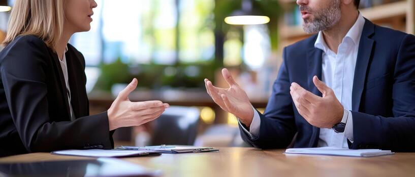 Business professionals discussing negotiation strategies modern office setting. Their gestures indicate active communication photo