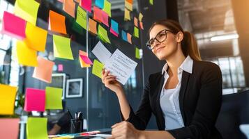 A woman in glasses is sitting at a desk with a post it note on it photo