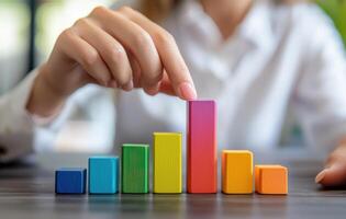 Businesswoman analyzing colorful bar graph for market research insights photo