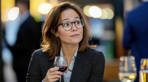 businesswoman enjoying glass of wine while networking at event photo