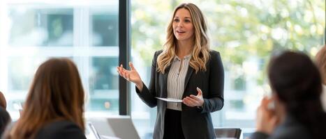Empowered businesswoman delivering motivational speech to inspire her audience photo