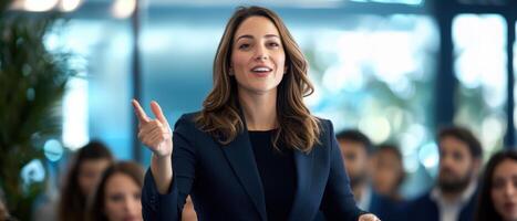 Empowered woman delivering motivational speech to inspire audience photo