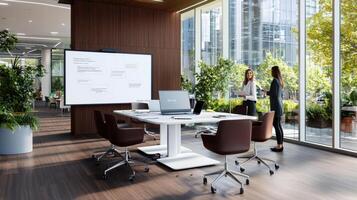 Modern office space with businesswomen discussing presentation ideas photo