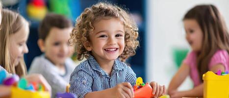 happy child playing with colorful toys in classroom setting photo