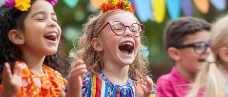 Children laughing and enjoying performance with colorful decorations and flowers in their hair, showcasing joy and excitement photo