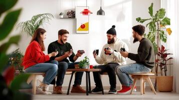 diverse group of friends enjoying hobbies in cozy living room, sharing laughter and drinks photo