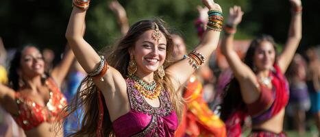 A group of women dancing in colorful outfits photo