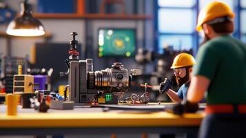 Innovative engineers working on machinery in modern workshop photo