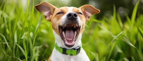 A dog yawning in the grass photo
