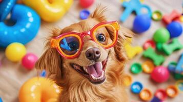 dog making goofy face while wearing oversized glasses, surrounded by colorful toys and playful items photo