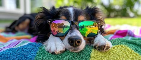 A dog wearing sunglasses laying on a blanket photo