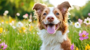 A dog is standing in a field of flowers photo