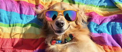 dog wearing oversized sunglasses relaxing on colorful beach towel, enjoying sunny day photo