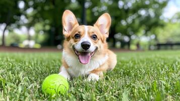 happy dog with goofy expression playing fetch in park photo