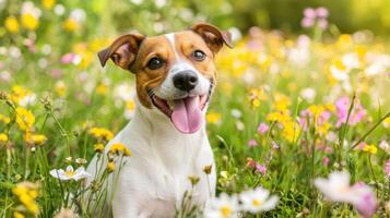 happy dog with goofy grin sitting in colorful flower field, enjoying nature photo