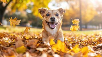 dog with silly expression joyfully playing in pile of leaves photo