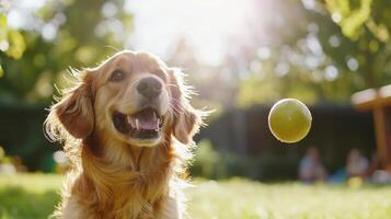 dog with quirky head tilt is excitedly watching bouncing ball in sunny park photo