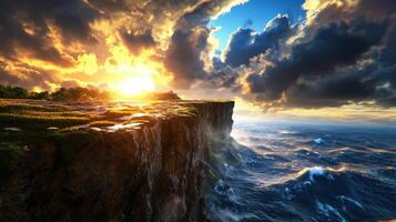 breathtaking cliffside view overlooking stormy ocean at sunset, showcasing dramatic clouds and vibrant colors photo