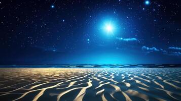 serene ocean view under starry night sky, with gentle waves and soft sand patterns photo