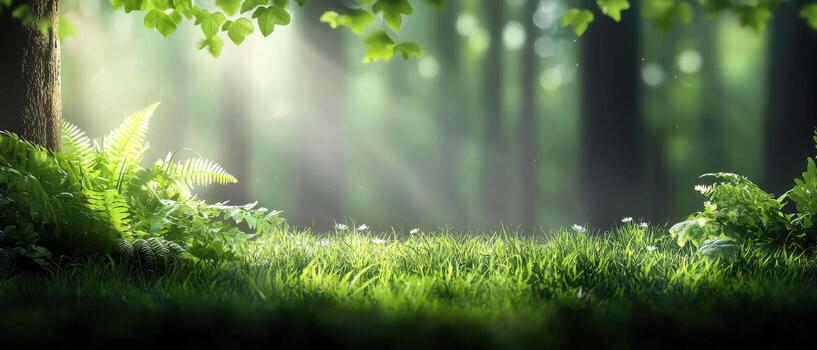 serene and captivating minimalist forest scene with lush greenery, soft light filtering through leaves, and vibrant grass photo