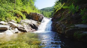 Serene waterfall cascading through rocky cliffs, inviting tranquility and peace photo