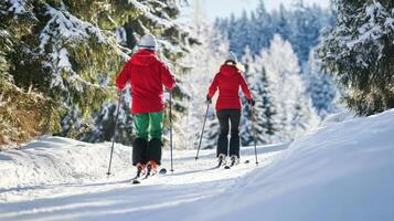 Skiers enjoying scenic run through snow covered forest trail, surrounded by tall trees and winter beauty photo