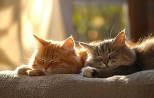 Sleepy cats lounging in sunbeam on cozy blanket, radiating warmth photo