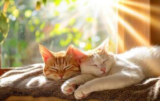Two cats sleeping on a blanket in front of a window photo
