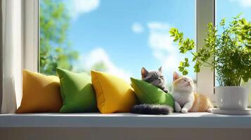 Sleepy cats lounging on sunny windowsill with soft cushions and greenery photo