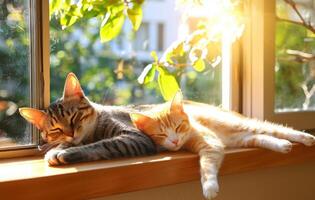 Sleepy cats lounging in sunbeam on cozy windowsill, enjoying warmth and tranquility photo