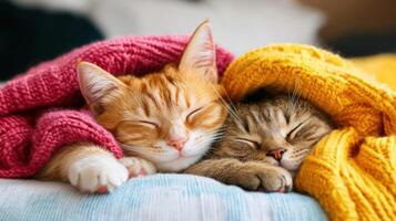 Two cats sleeping on a bed with blankets photo