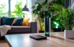 A smart speaker sits on a table next to a plant photo