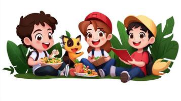 Three kids eating lunch in the park photo