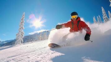 A man in red jacket skiing down a snowy slope photo