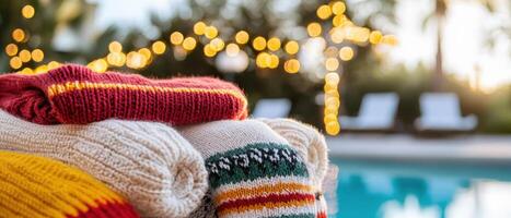 Cozy sweaters stacked by poolside during summer Christmas gathering, creating warm and festive atmosphere photo