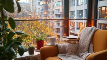Cozy reading nook with warm minimalist style, plush armchair, and books photo