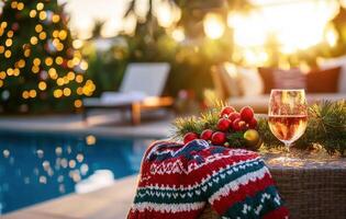 Cozy sweaters worn during summer Christmas gathering by poolside, with glass of wine and festive decorations photo