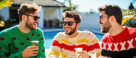 Cozy sweaters worn by friends during summer Christmas gathering, enjoying drinks and laughter by poolside photo