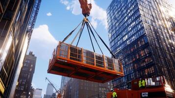 A crane lifting a large container onto a city street photo