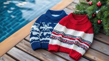 Cozy sweaters in festive colors by poolside Christmas tree, perfect for gatherings photo