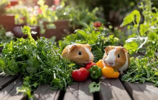 Guinea pigs eating vegetables on a wooden table photo