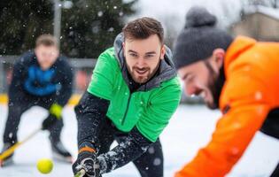 Curling teams competing in friendly match on snowy surface, showcasing teamwork and excitement photo