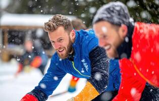 Curling teams competing in friendly match on snowy day, showcasing teamwork and excitement photo