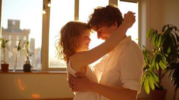 loving parent and child dancing together in sunlit room, sharing joy and warmth photo